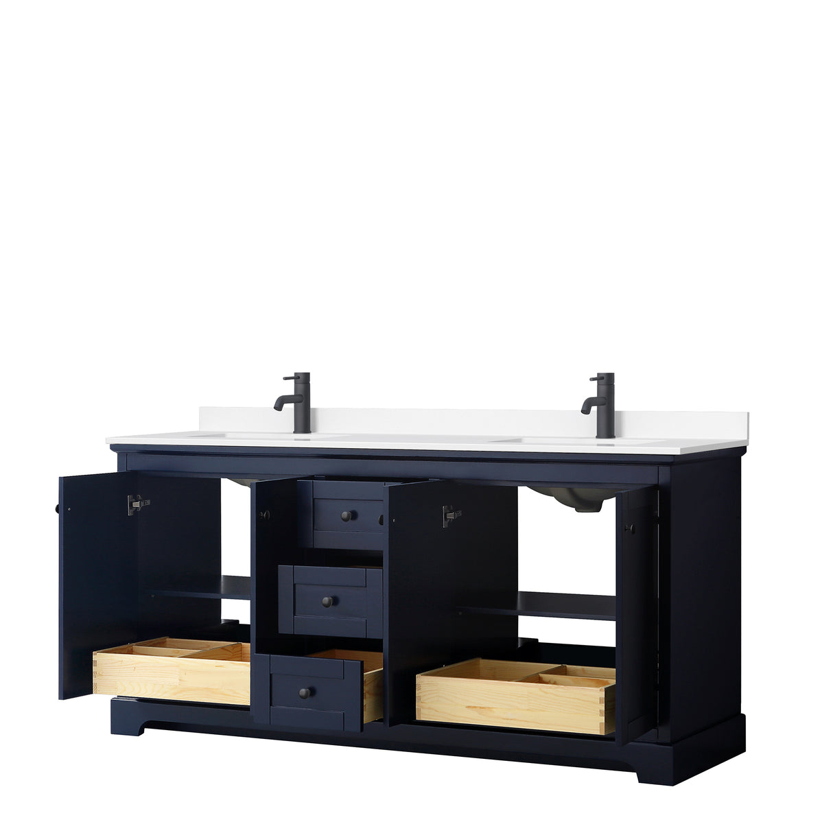Avery 72 Inch Double Bathroom Vanity in Dark Blue White Cultured Marble Countertop Undermount Square Sinks Matte Black Trim