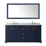 Avery 72 Inch Double Bathroom Vanity in Dark Blue White Carrara Marble Countertop Undermount Oval Sinks and 70 Inch Mirror