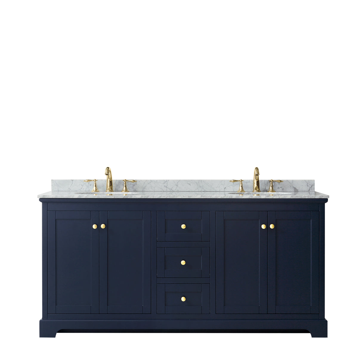 Avery 72 Inch Double Bathroom Vanity in Dark Blue White Carrara Marble Countertop Undermount Oval Sinks and No Mirror