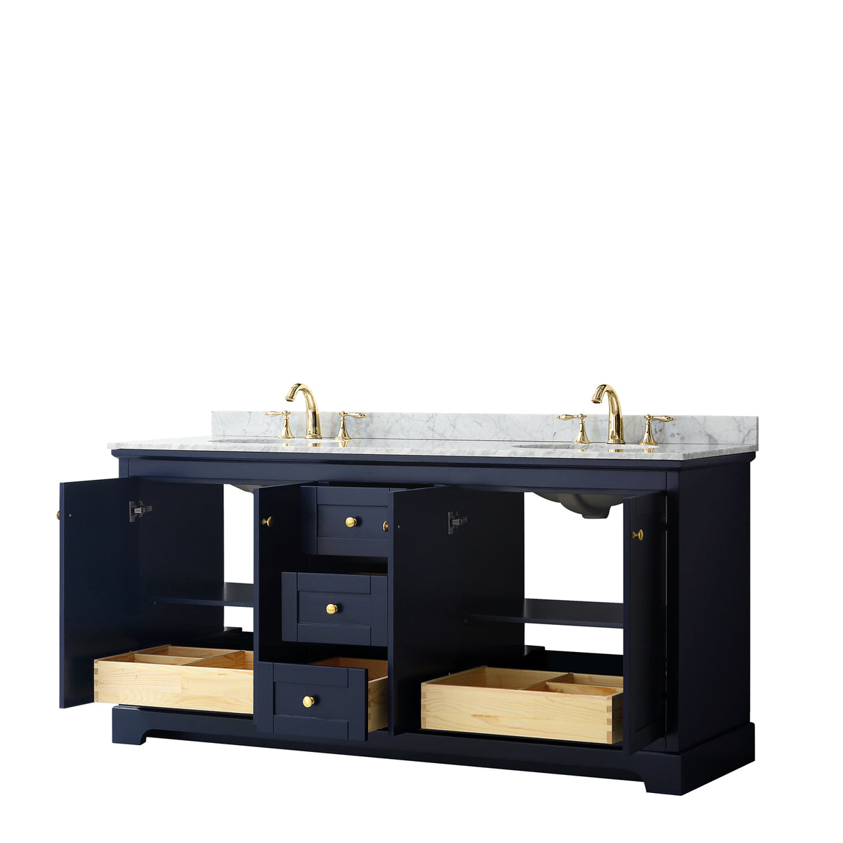 Avery 72 Inch Double Bathroom Vanity in Dark Blue White Carrara Marble Countertop Undermount Oval Sinks and No Mirror