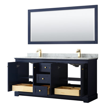 Avery 72 Inch Double Bathroom Vanity in Dark Blue White Carrara Marble Countertop Undermount Square Sinks and 70 Inch Mirror