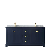 Avery 72 Inch Double Bathroom Vanity in Dark Blue White Carrara Marble Countertop Undermount Square Sinks and No Mirror