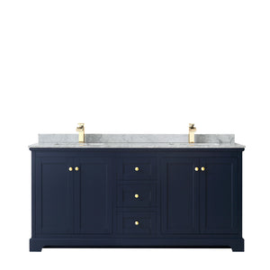 Avery 72 Inch Double Bathroom Vanity in Dark Blue White Carrara Marble Countertop Undermount Square Sinks and No Mirror