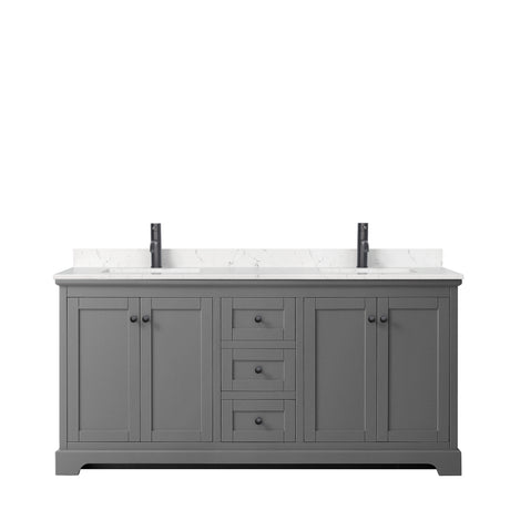 Avery 72 Inch Double Bathroom Vanity in Dark Gray Carrara Cultured Marble Countertop Undermount Square Sinks Matte Black Trim