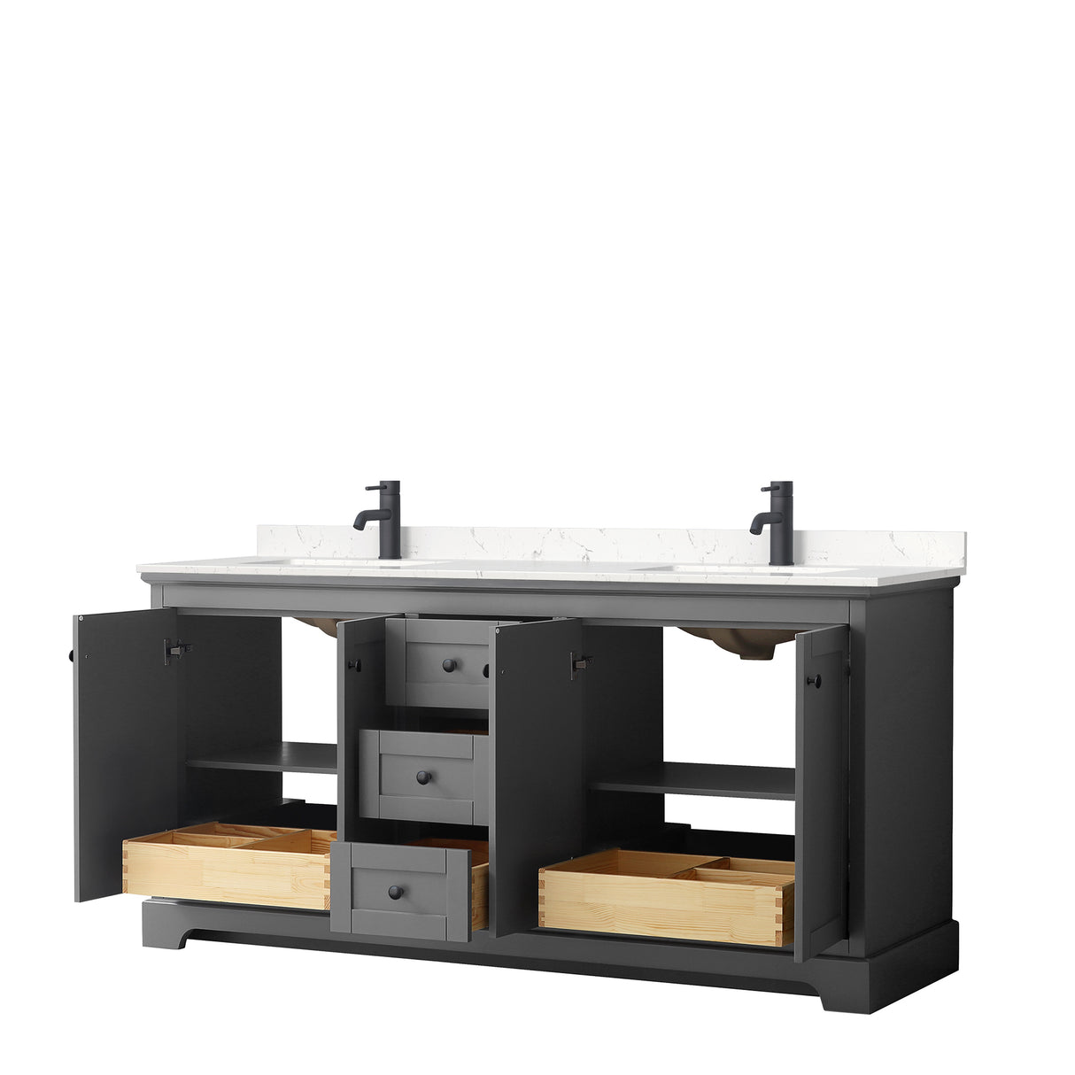 Avery 72 Inch Double Bathroom Vanity in Dark Gray Carrara Cultured Marble Countertop Undermount Square Sinks Matte Black Trim