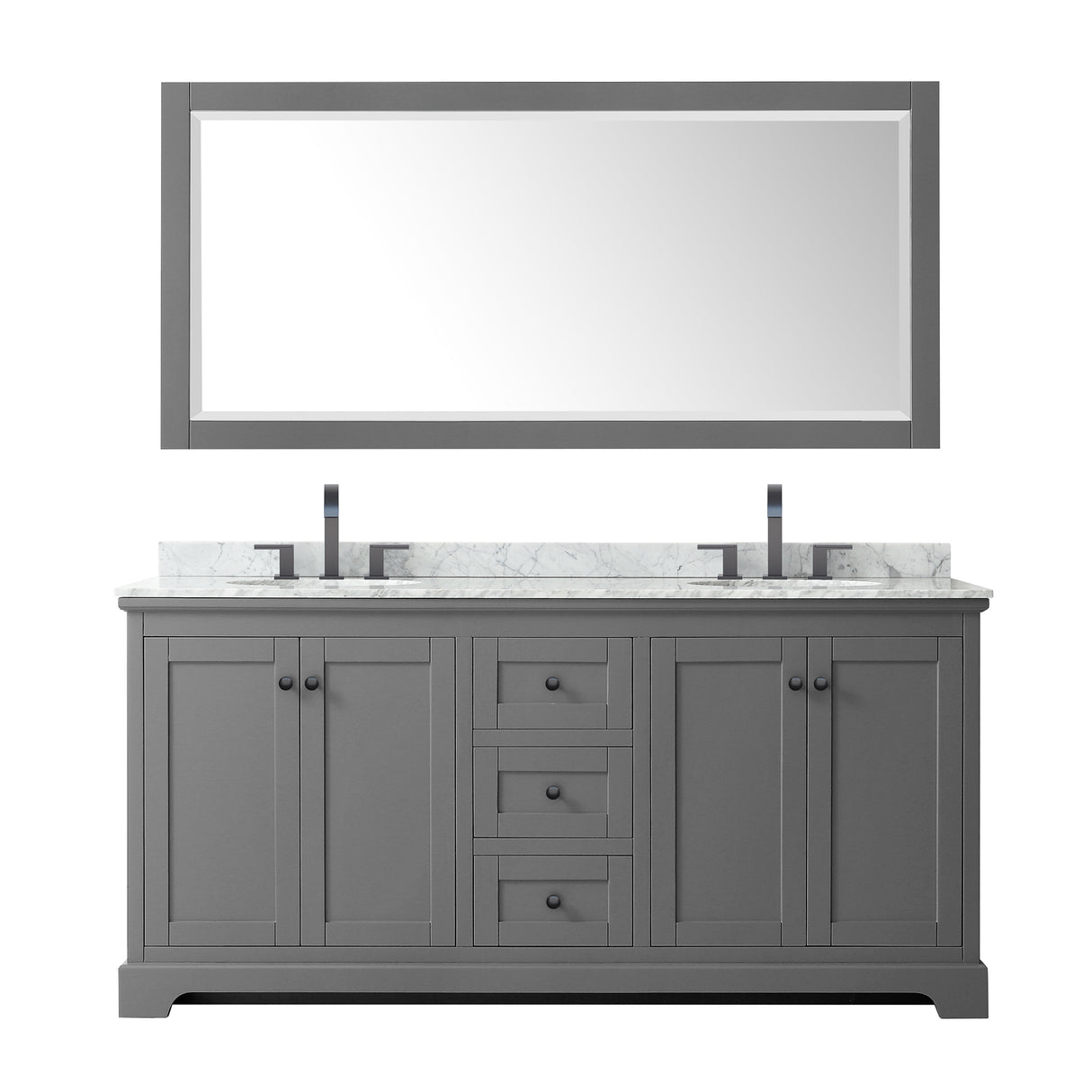 Avery 72 Inch Double Bathroom Vanity in Dark Gray White Carrara Marble Countertop Undermount Oval Sinks Matte Black Trim 70 Inch Mirror