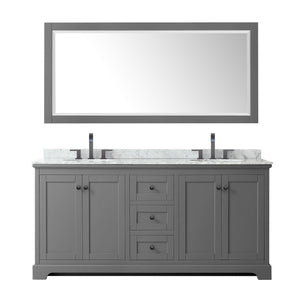Avery 72 Inch Double Bathroom Vanity in Dark Gray White Carrara Marble Countertop Undermount Oval Sinks Matte Black Trim 70 Inch Mirror
