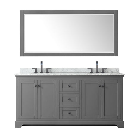 Avery 72 Inch Double Bathroom Vanity in Dark Gray White Carrara Marble Countertop Undermount Oval Sinks Matte Black Trim 70 Inch Mirror