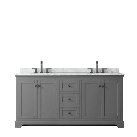 Avery 72 Inch Double Bathroom Vanity in Dark Gray White Carrara Marble Countertop Undermount Oval Sinks Matte Black Trim