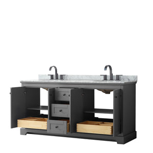 Avery 72 Inch Double Bathroom Vanity in Dark Gray White Carrara Marble Countertop Undermount Oval Sinks Matte Black Trim