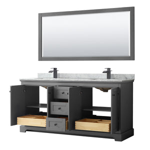 Avery 72 Inch Double Bathroom Vanity in Dark Gray White Carrara Marble Countertop Undermount Square Sinks Matte Black Trim 70 Inch Mirror