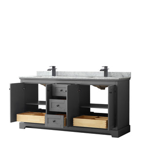 Avery 72 Inch Double Bathroom Vanity in Dark Gray White Carrara Marble Countertop Undermount Square Sinks Matte Black Trim