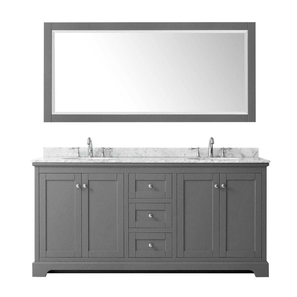 Avery 72 Inch Double Bathroom Vanity in Dark Gray White Carrara Marble Countertop Undermount Oval Sinks and 70 Inch Mirror