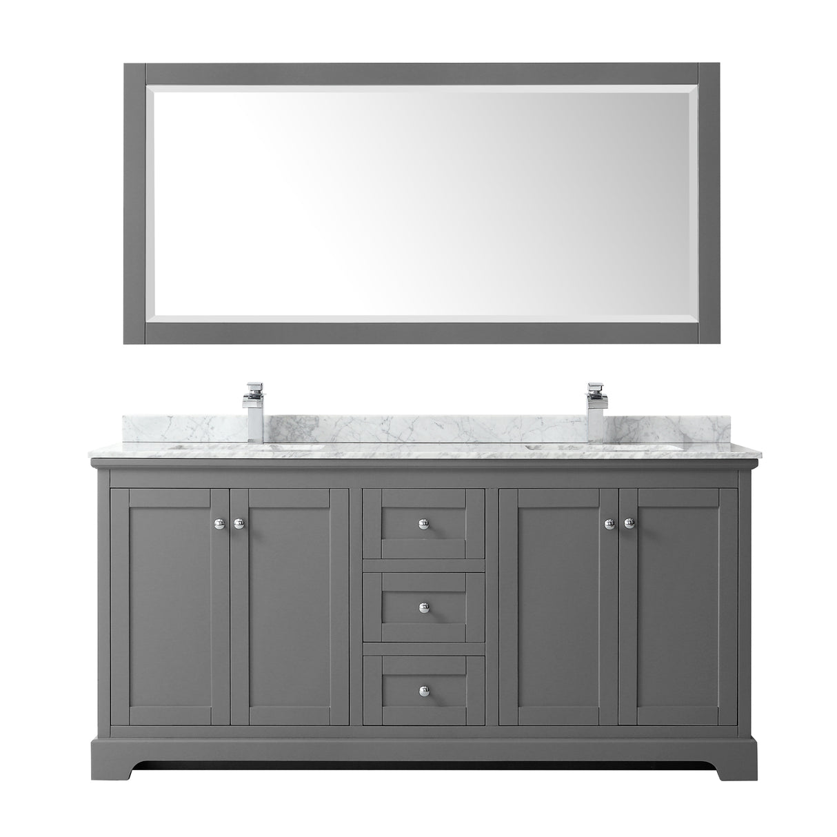 Avery 72 Inch Double Bathroom Vanity in Dark Gray White Carrara Marble Countertop Undermount Square Sinks and 70 Inch Mirror