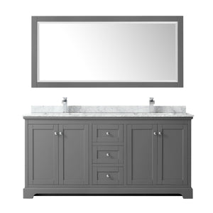 Avery 72 Inch Double Bathroom Vanity in Dark Gray White Carrara Marble Countertop Undermount Square Sinks and 70 Inch Mirror