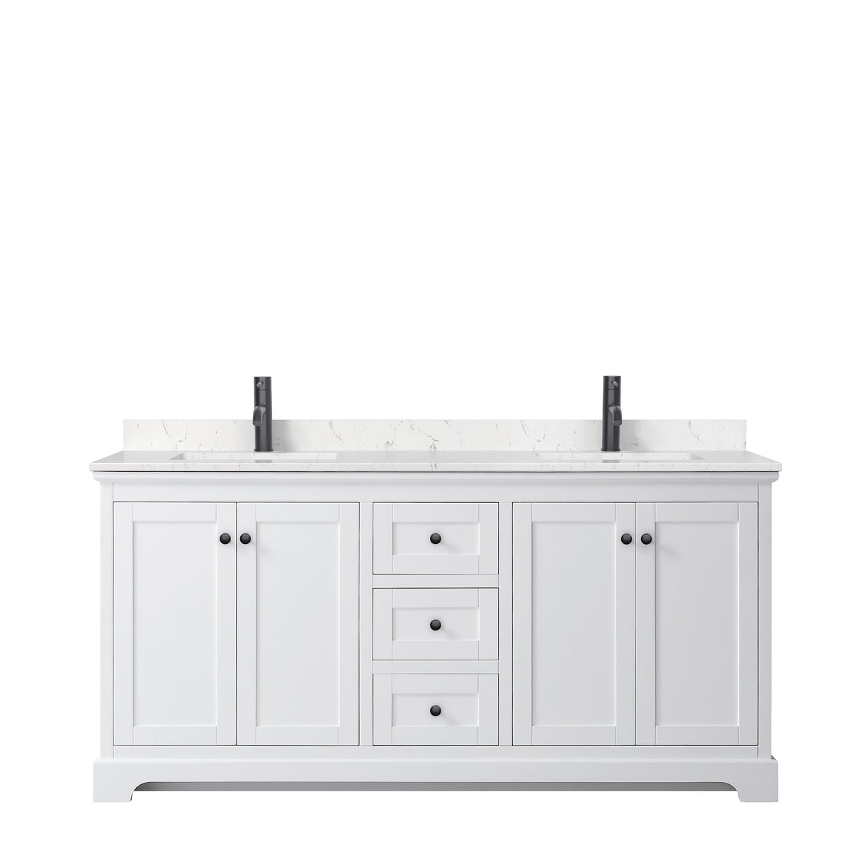 Avery 72 Inch Double Bathroom Vanity in White Carrara Cultured Marble Countertop Undermount Square Sinks Matte Black Trim
