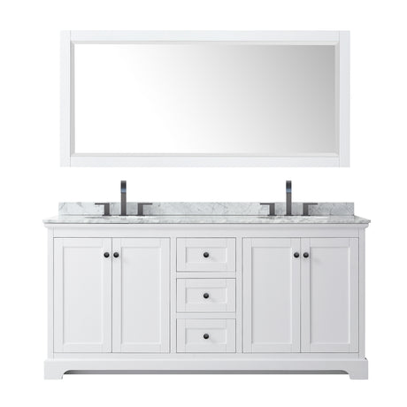 Avery 72 Inch Double Bathroom Vanity in White White Carrara Marble Countertop Undermount Oval Sinks Matte Black Trim 70 Inch Mirror