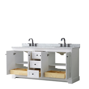 Avery 72 Inch Double Bathroom Vanity in White White Carrara Marble Countertop Undermount Oval Sinks Matte Black Trim