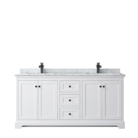 Avery 72 Inch Double Bathroom Vanity in White White Carrara Marble Countertop Undermount Square Sinks Matte Black Trim