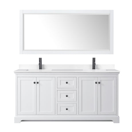 Avery 72 Inch Double Bathroom Vanity in White White Cultured Marble Countertop Undermount Square Sinks Matte Black Trim 70 Inch Mirror