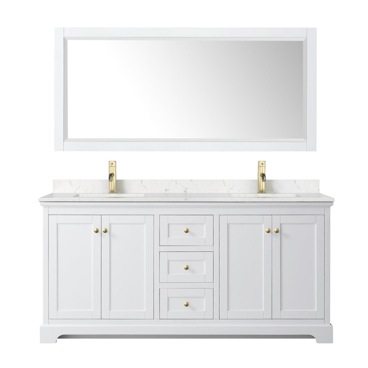 Avery 72 Inch Double Bathroom Vanity in White Carrara Cultured Marble Countertop Undermount Square Sinks Brushed Gold Trim