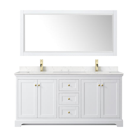 Avery 72 Inch Double Bathroom Vanity in White Carrara Cultured Marble Countertop Undermount Square Sinks Brushed Gold Trim