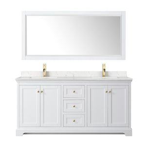Avery 72 Inch Double Bathroom Vanity in White Carrara Cultured Marble Countertop Undermount Square Sinks 70 Inch Mirror Brushed Gold Trim