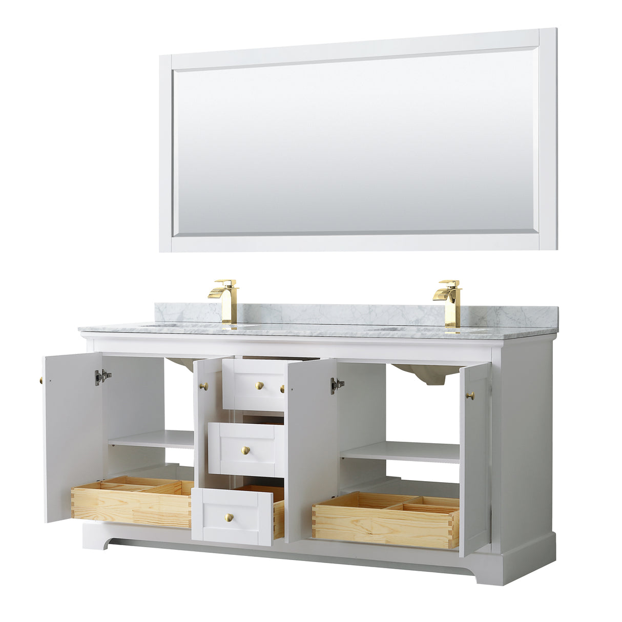 Avery 72 Inch Double Bathroom Vanity in White White Carrara Marble Countertop Undermount Square Sinks Brushed Gold Trim