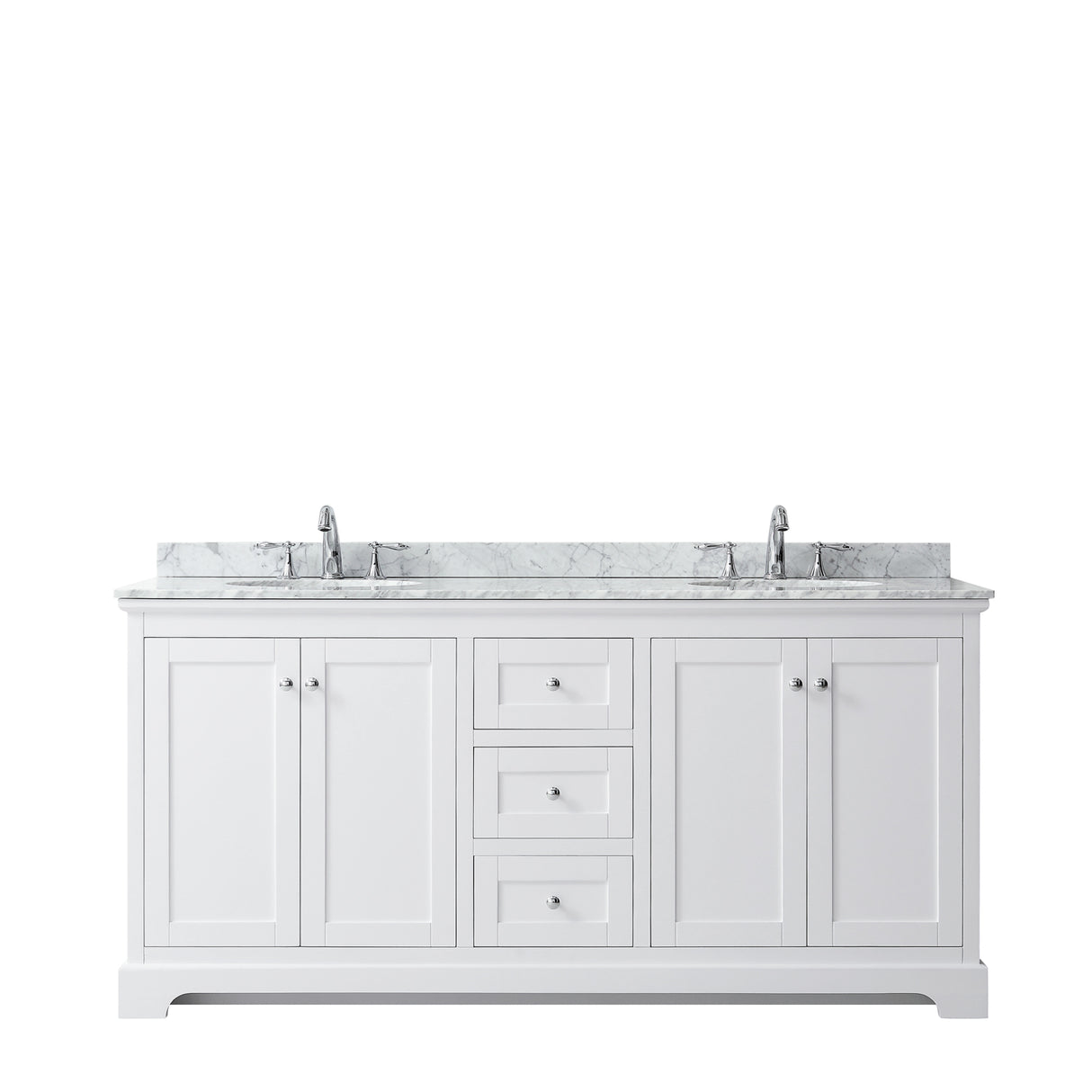 Avery 72 Inch Double Bathroom Vanity in White White Carrara Marble Countertop Undermount Oval Sinks and No Mirror