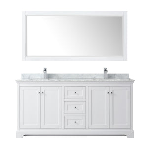 Avery 72 Inch Double Bathroom Vanity in White White Carrara Marble Countertop Undermount Square Sinks and 70 Inch Mirror