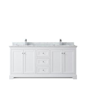 Avery 72 Inch Double Bathroom Vanity in White White Carrara Marble Countertop Undermount Square Sinks and No Mirror