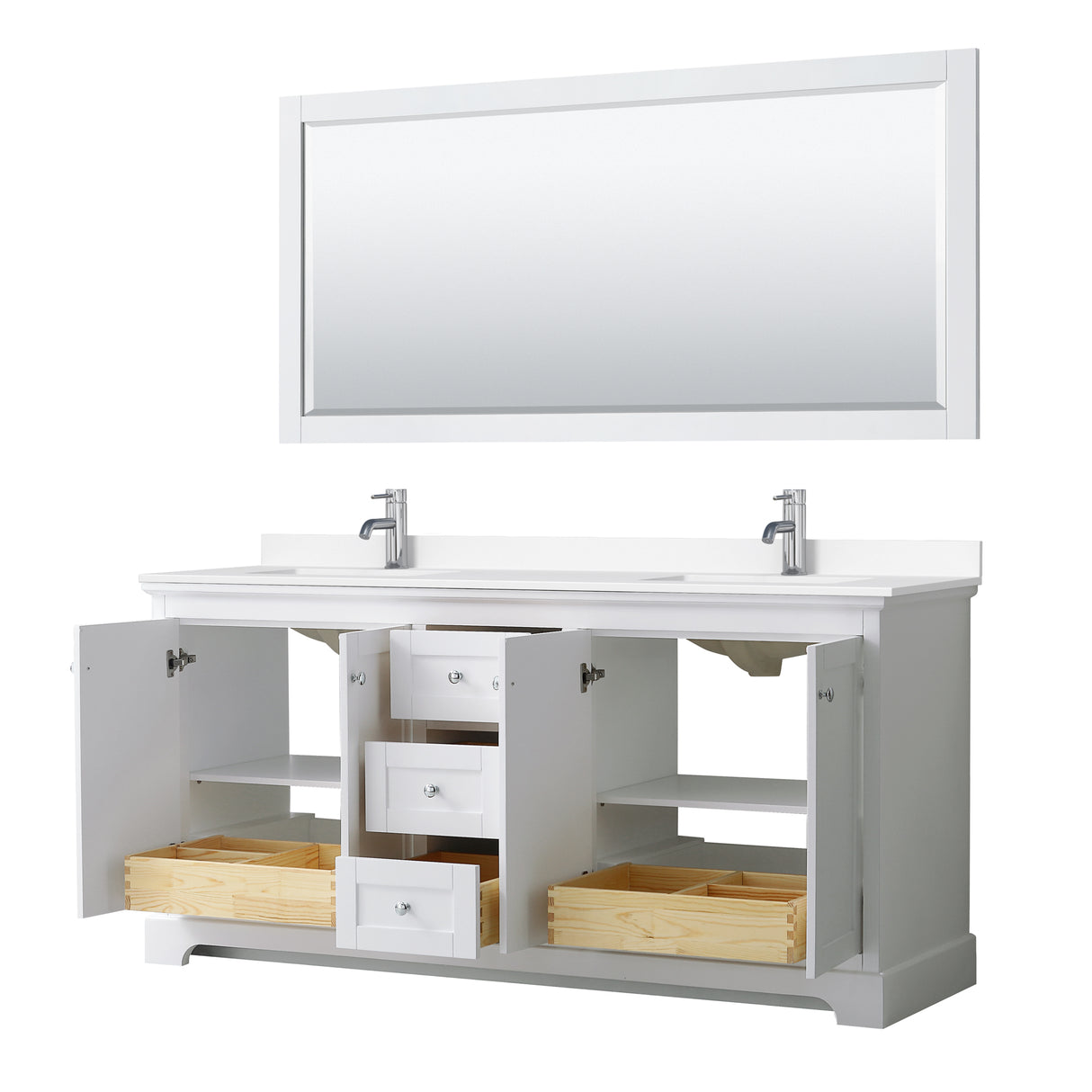 Avery 72 Inch Double Bathroom Vanity in White White Cultured Marble Countertop Undermount Square Sinks 70 Inch Mirror