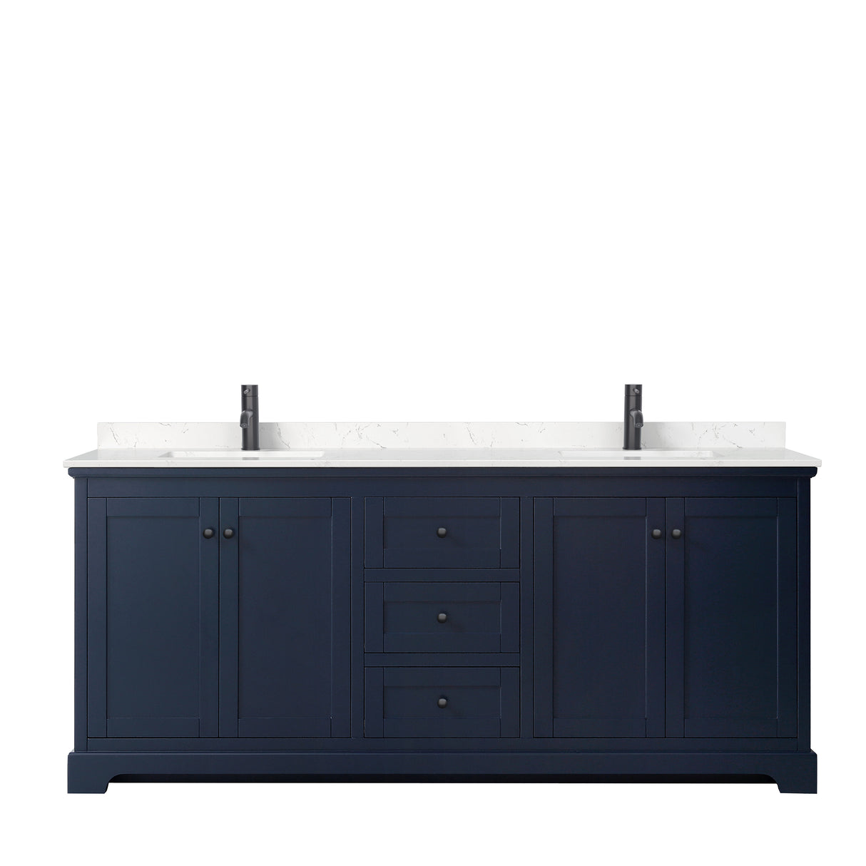 Avery 80 Inch Double Bathroom Vanity in Dark Blue Carrara Cultured Marble Countertop Undermount Square Sinks Matte Black Trim