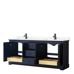 Avery 80 Inch Double Bathroom Vanity in Dark Blue Carrara Cultured Marble Countertop Undermount Square Sinks Matte Black Trim
