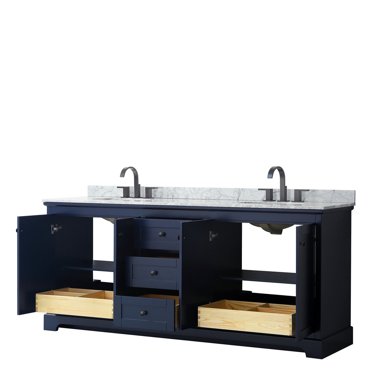 Avery 80 Inch Double Bathroom Vanity in Dark Blue White Carrara Marble Countertop Undermount Oval Sinks Matte Black Trim