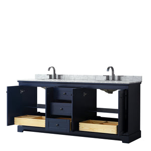 Avery 80 Inch Double Bathroom Vanity in Dark Blue White Carrara Marble Countertop Undermount Oval Sinks Matte Black Trim