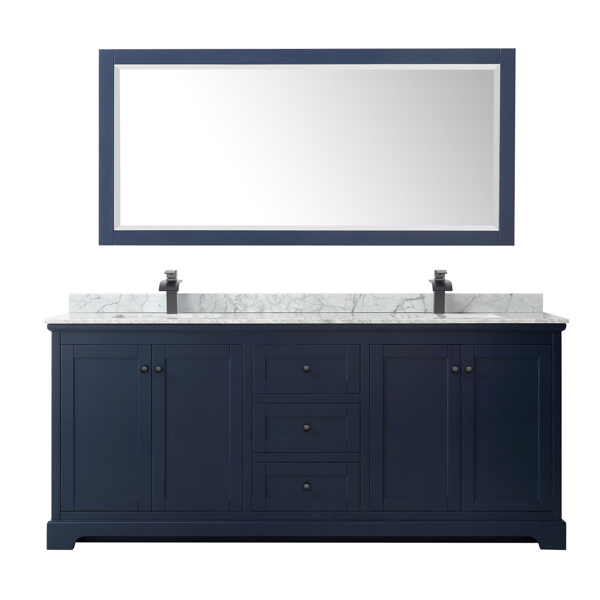 Avery 80 Inch Double Bathroom Vanity in Dark Blue White Carrara Marble Countertop Undermount Square Sinks Matte Black Trim 70 Inch Mirror
