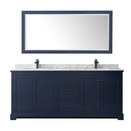 Avery 80 Inch Double Bathroom Vanity in Dark Blue White Carrara Marble Countertop Undermount Square Sinks Matte Black Trim 70 Inch Mirror