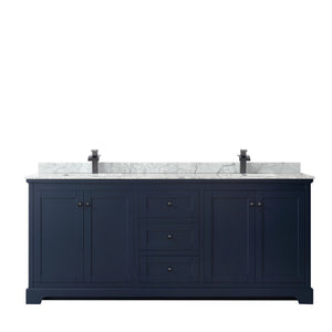 Avery 80 Inch Double Bathroom Vanity in Dark Blue White Carrara Marble Countertop Undermount Square Sinks Matte Black Trim