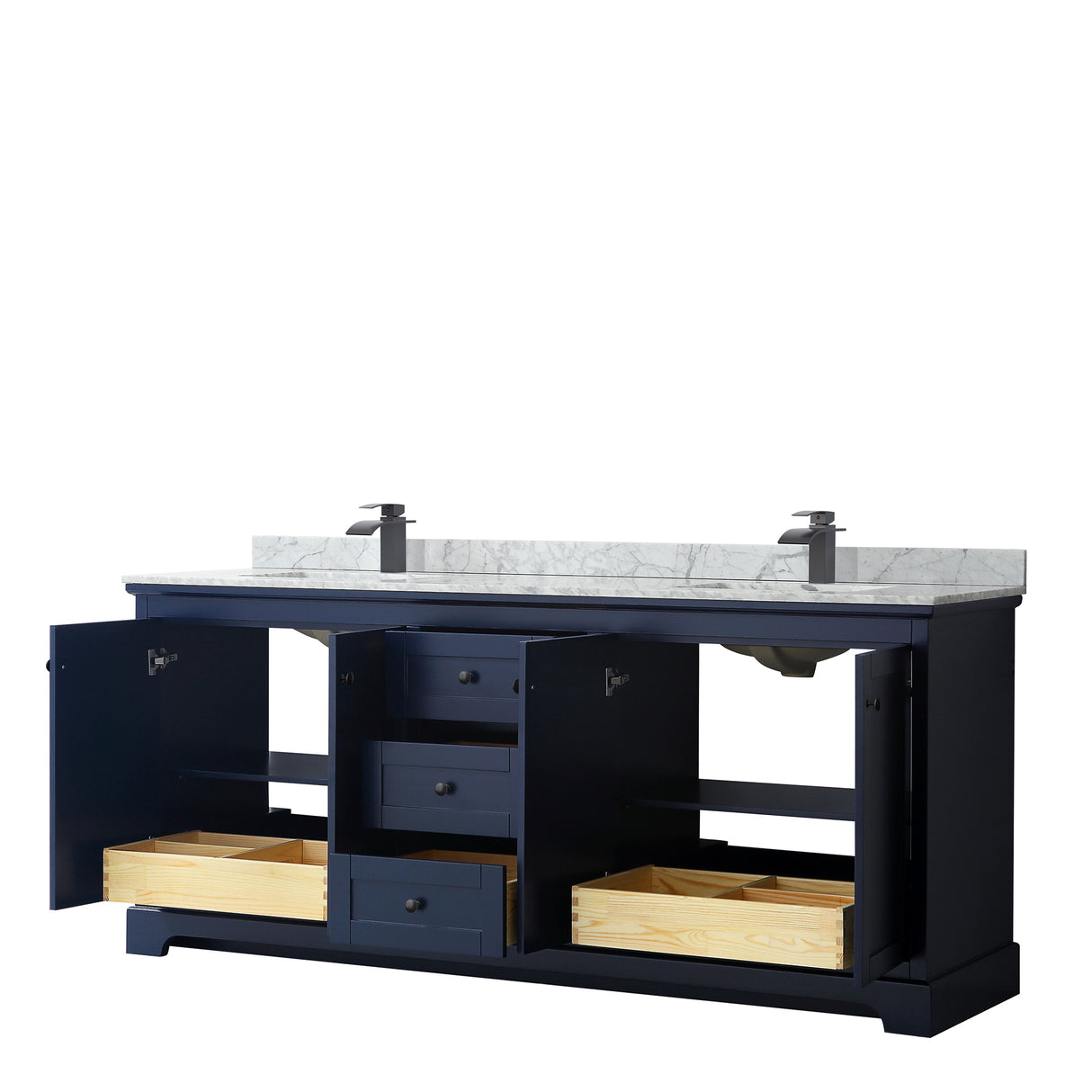 Avery 80 Inch Double Bathroom Vanity in Dark Blue White Carrara Marble Countertop Undermount Square Sinks Matte Black Trim