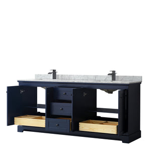 Avery 80 Inch Double Bathroom Vanity in Dark Blue White Carrara Marble Countertop Undermount Square Sinks Matte Black Trim
