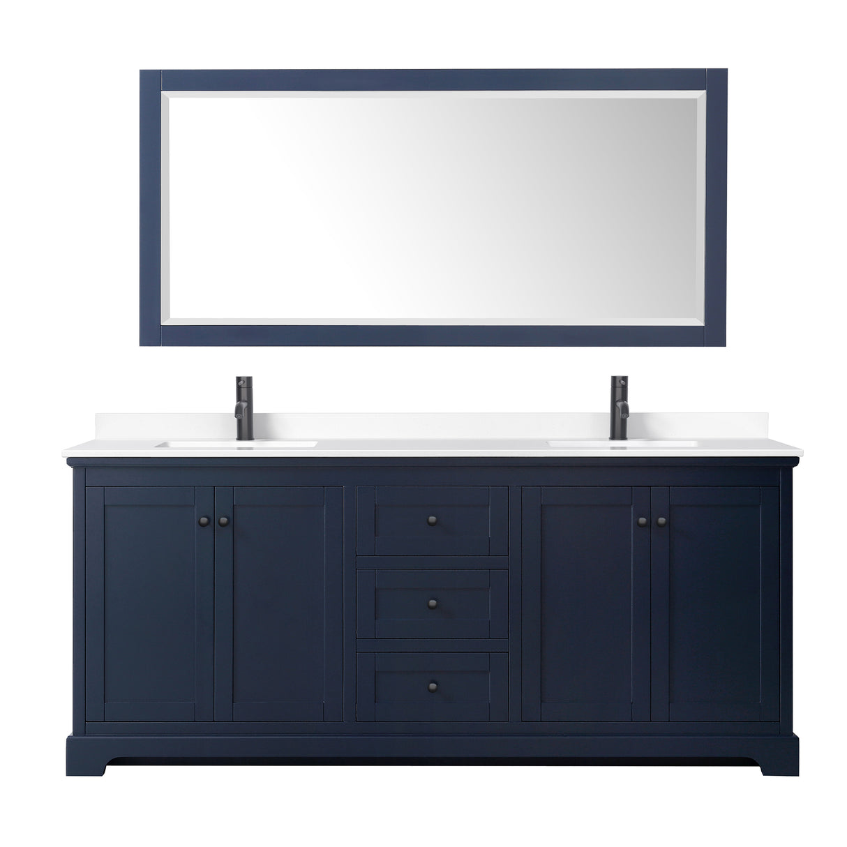 Avery 80 Inch Double Bathroom Vanity in Dark Blue White Cultured Marble Countertop Undermount Square Sinks Matte Black Trim 70 Inch Mirror