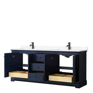 Avery 80 Inch Double Bathroom Vanity in Dark Blue White Cultured Marble Countertop Undermount Square Sinks Matte Black Trim