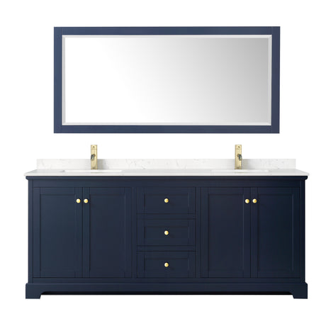 Avery 80 Inch Double Bathroom Vanity in Dark Blue Carrara Cultured Marble Countertop Undermount Square Sinks 70 Inch Mirror