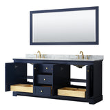 Avery 80 Inch Double Bathroom Vanity in Dark Blue White Carrara Marble Countertop Undermount Oval Sinks and 70 Inch Mirror