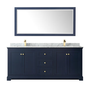 Avery 80 Inch Double Bathroom Vanity in Dark Blue White Carrara Marble Countertop Undermount Square Sinks and 70 Inch Mirror