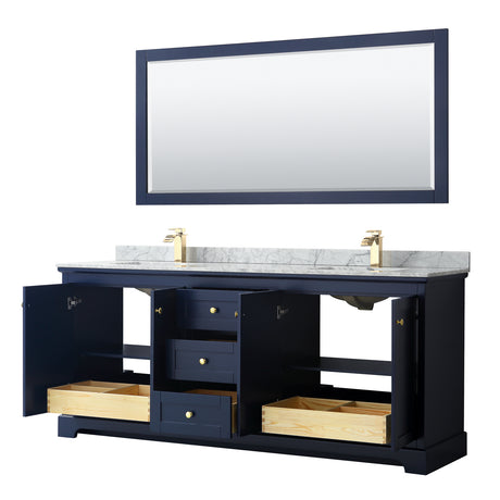 Avery 80 Inch Double Bathroom Vanity in Dark Blue White Carrara Marble Countertop Undermount Square Sinks and 70 Inch Mirror
