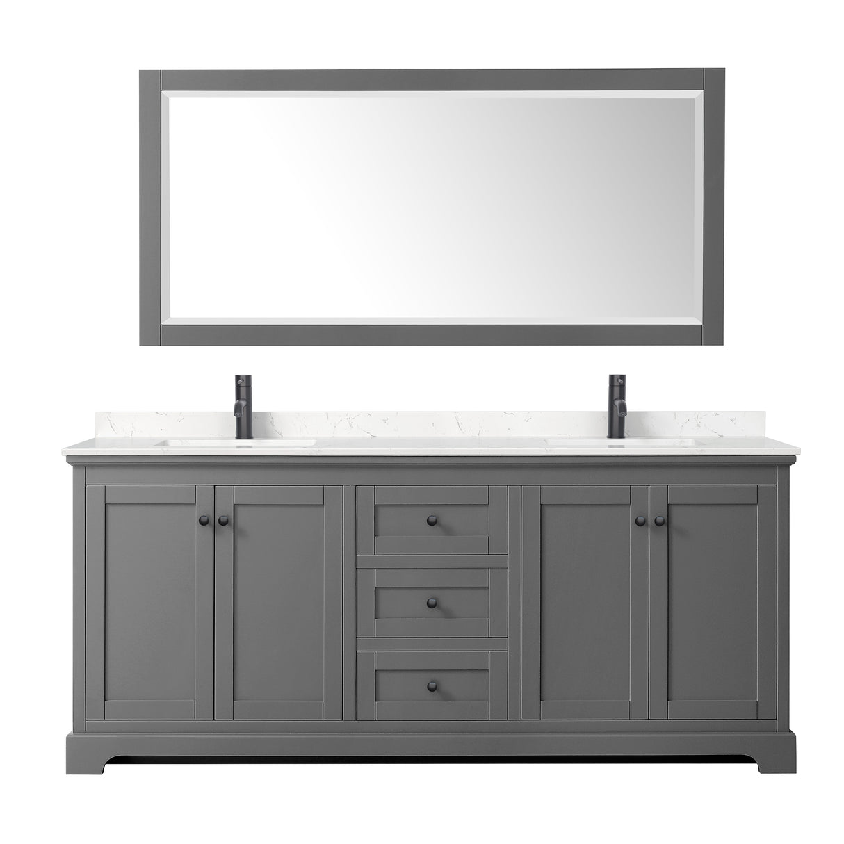Avery 80 Inch Double Bathroom Vanity in Dark Gray Carrara Cultured Marble Countertop Undermount Square Sinks Matte Black Trim 70 Inch Mirror