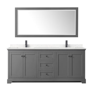 Avery 80 Inch Double Bathroom Vanity in Dark Gray Carrara Cultured Marble Countertop Undermount Square Sinks Matte Black Trim 70 Inch Mirror