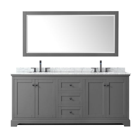 Avery 80 Inch Double Bathroom Vanity in Dark Gray White Carrara Marble Countertop Undermount Oval Sinks Matte Black Trim 70 Inch Mirror